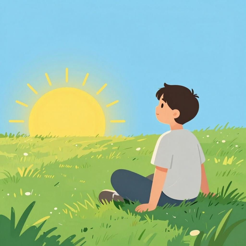 穏やかな草原の上に明るい日の出を眺めながら、目を開けて穏やかに座っている人。