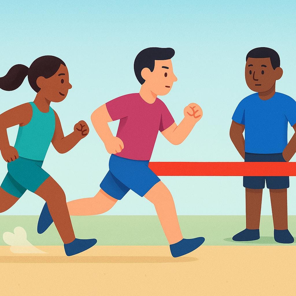 A simple illustration showing three stylized runners on a track. Two runners are actively moving forward, while the third runner is stopped and standing behind a simple red barrier line, representing being removed from the competition.
