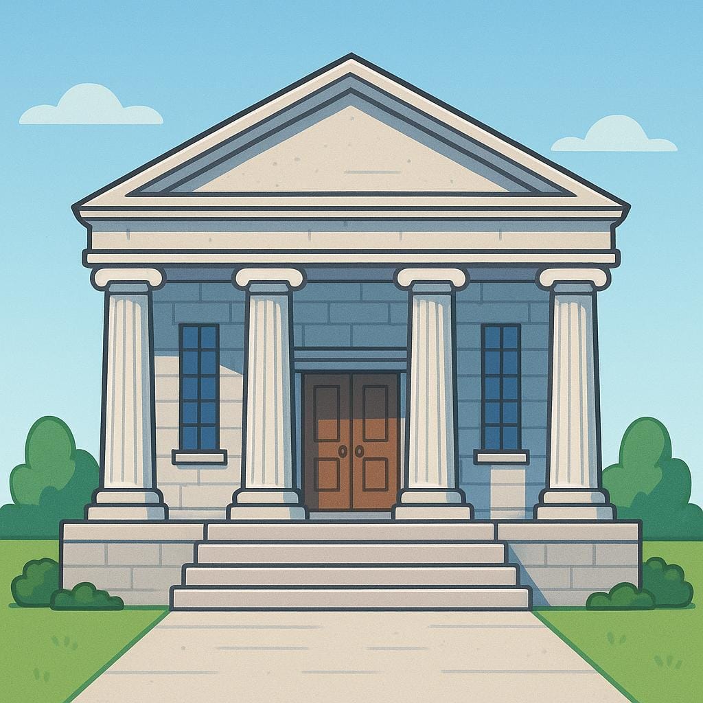 A sturdy, classic building with large columns, commonly recognized as a traditional bank building, symbolizing a financial institution.