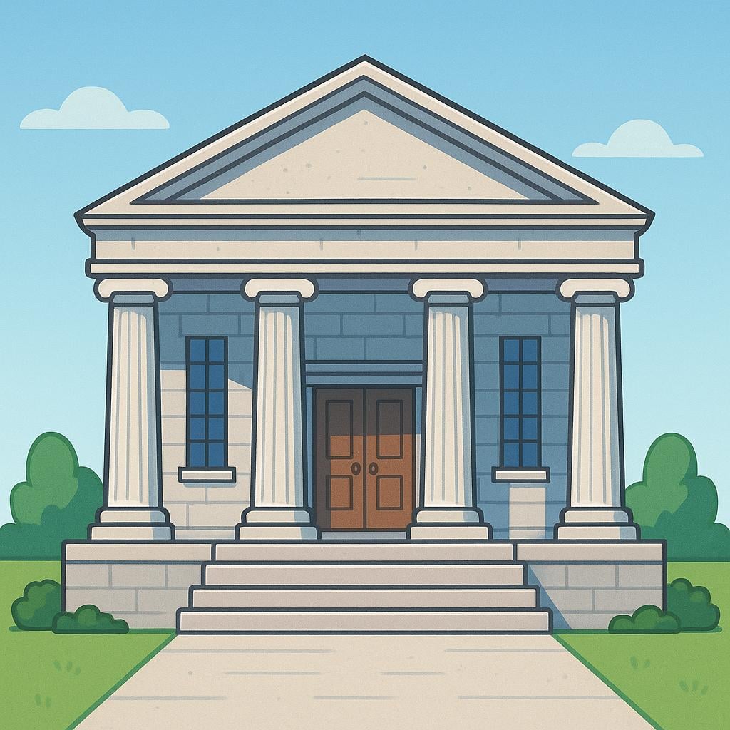 A sturdy, classic building with large columns, commonly recognized as a traditional bank building, symbolizing a financial institution.