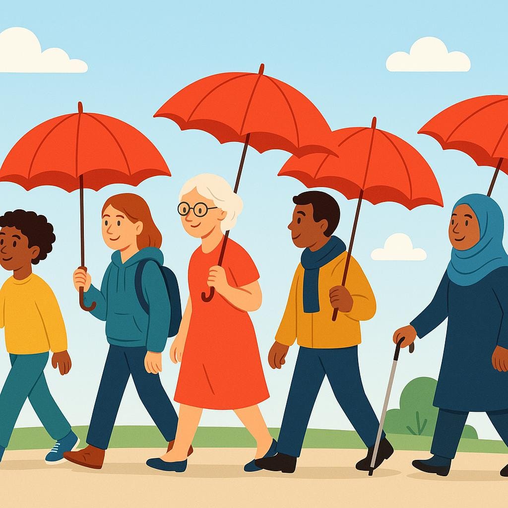 An illustration showing several different people, young and old, all holding the exact same bright red umbrella, indicating a popular trend.