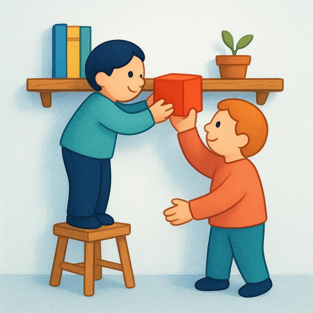 Two figures collaborating to carefully place a small, brightly colored object, perhaps a toy block, onto a low, stable surface.