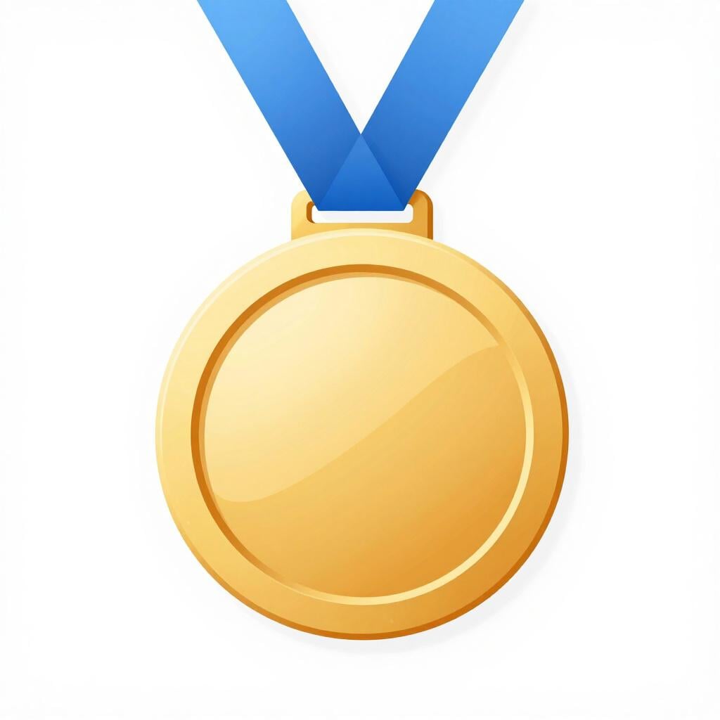 Une illustration colorée d'une médaille d'or avec un ruban bleu posée sur une surface blanche.