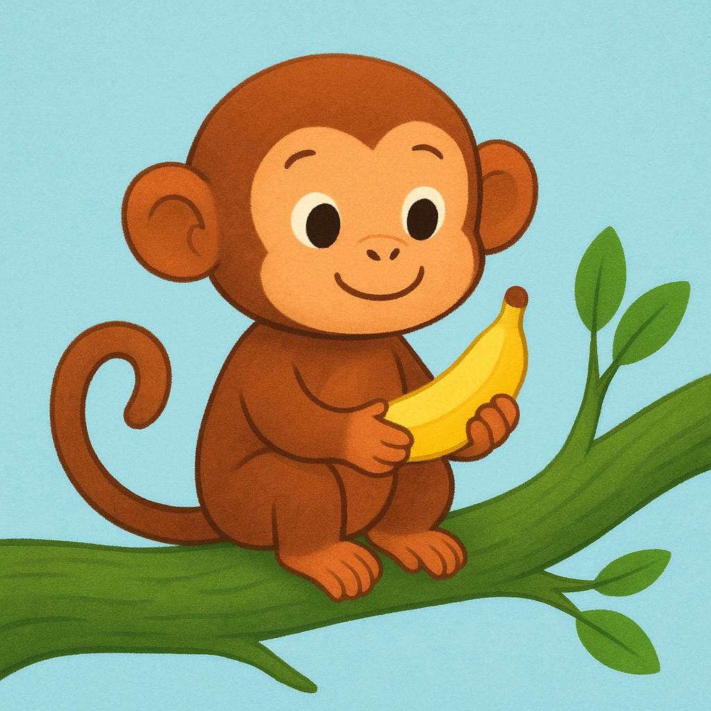A small brown monkey sitting on a thick green tree branch, holding a yellow banana.