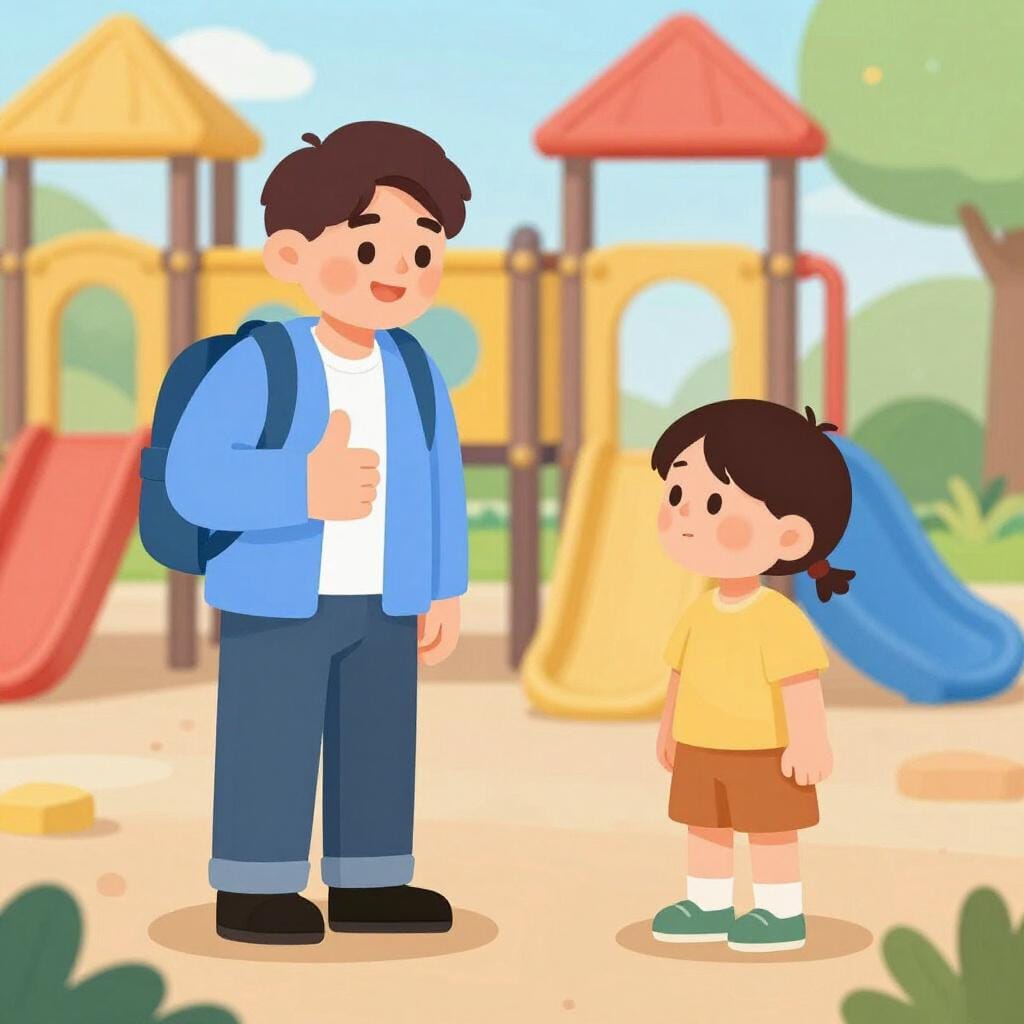 Uma professora simpática sorrindo e dando um joinha para uma criança pequena que está prestes a subir num escorrega.