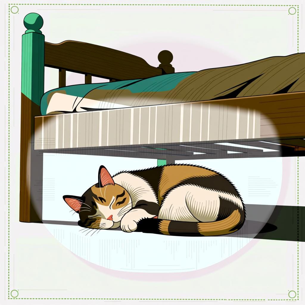 A small house cat sleeping comfortably underneath a simple wooden bed frame, illustrating the spatial preposition 'under'.