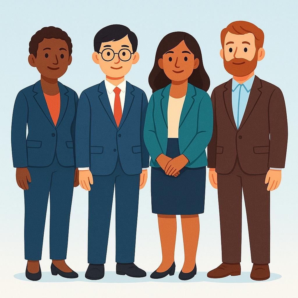 A group of four smiling, professionally dressed individuals standing together, representing a key management team.