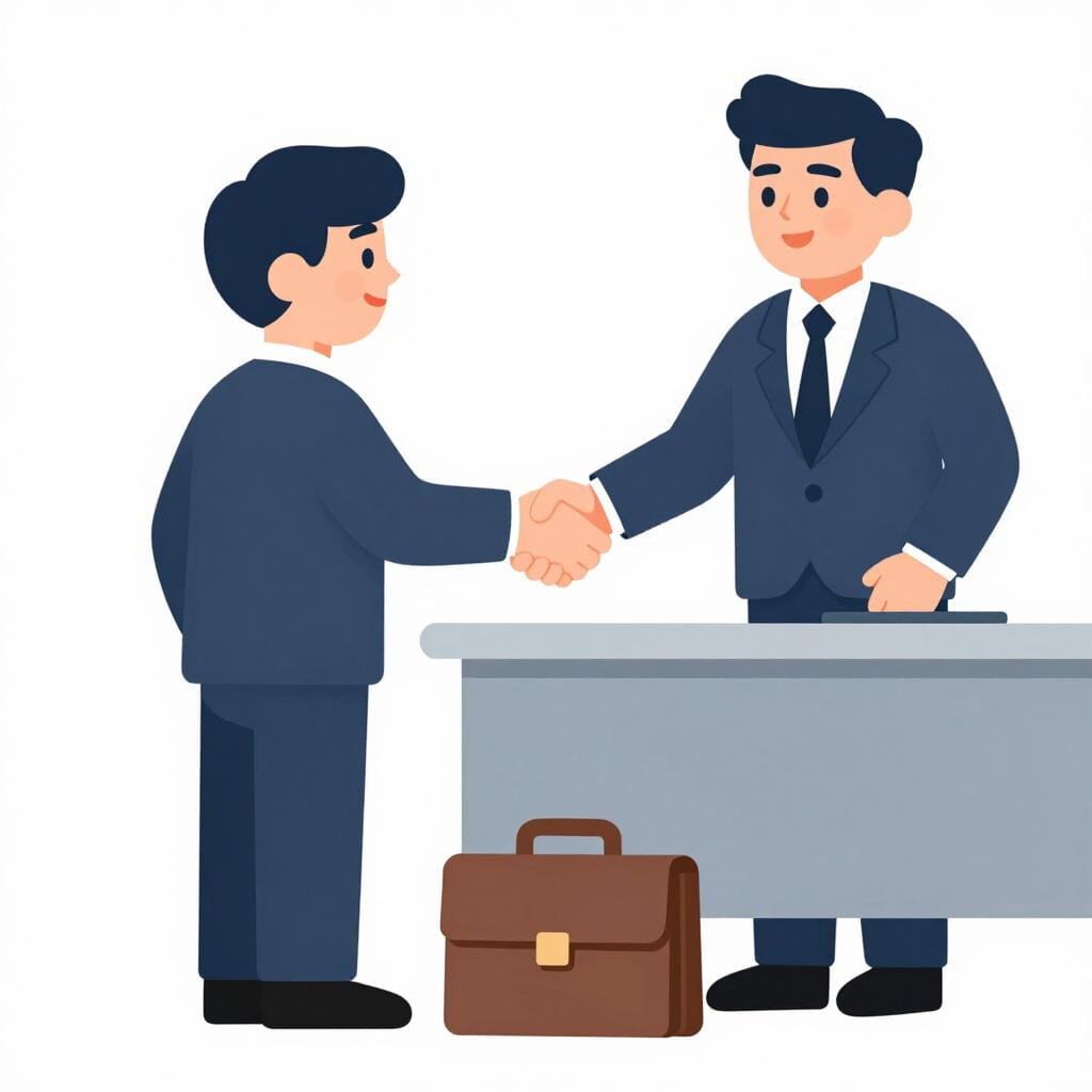 A person in a professional suit shaking hands with a smiling manager in front of a simple office desk.