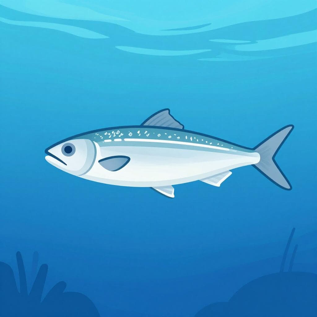 Un petit poisson argenté aux écailles argentées avec un corps profilé nageant dans une eau bleue claire.