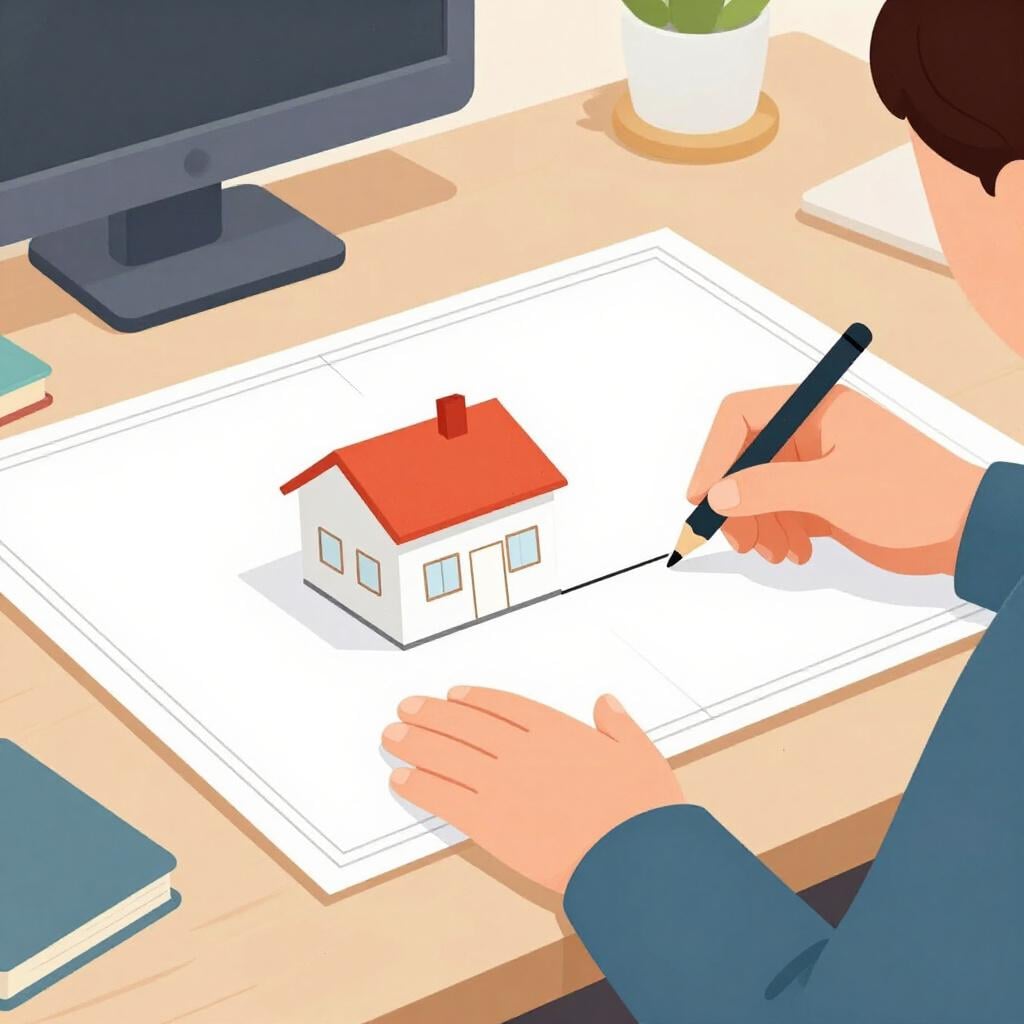 A person drawing a blueprint for a small modern house on a large piece of paper.
