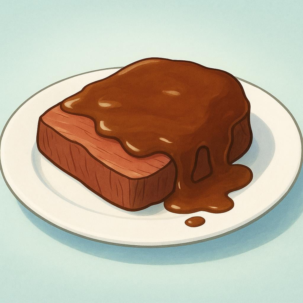 A white plate holding a slice of roast meat covered in rich, dark brown gravy.