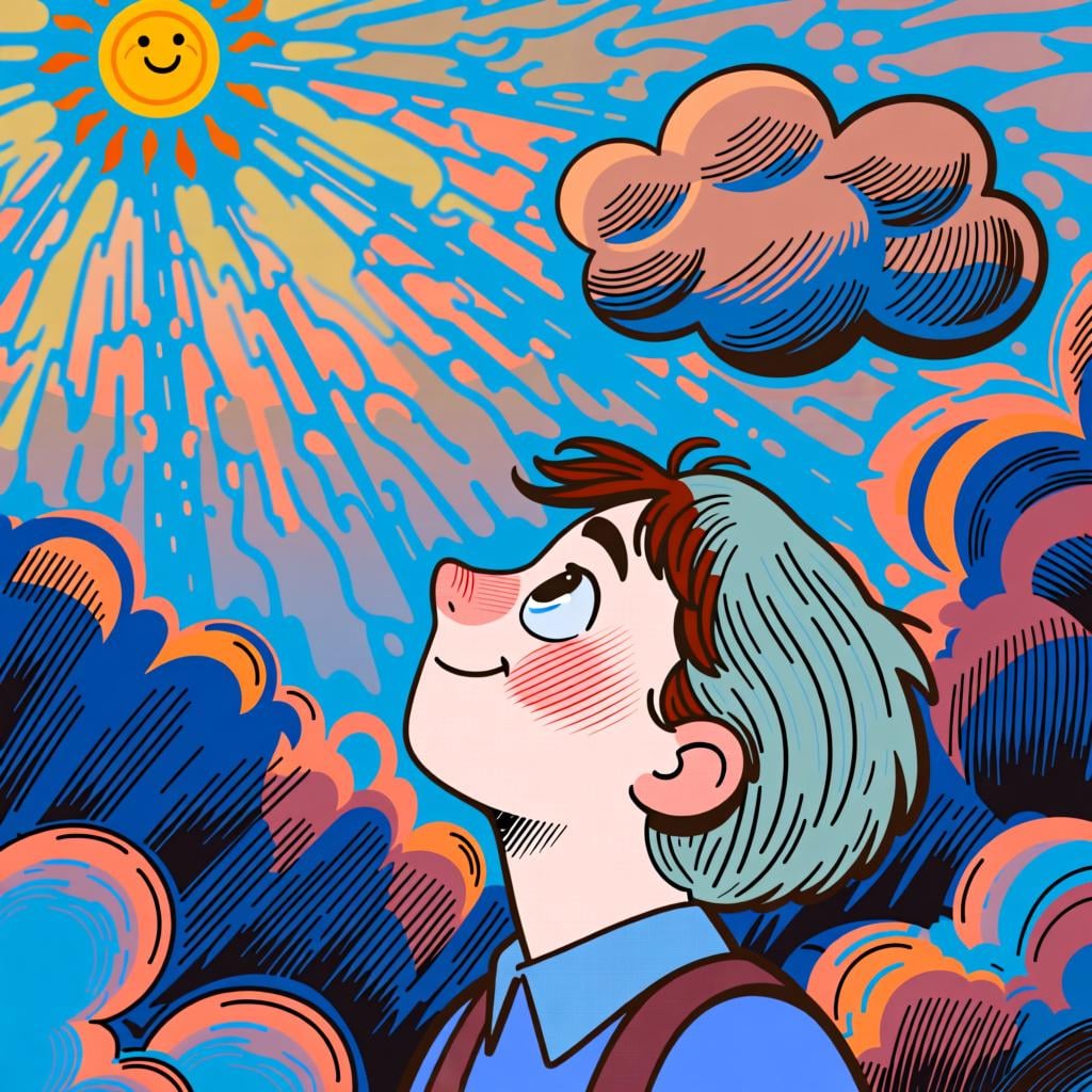 A person looking hopefully at a sky that could be sunny or cloudy, representing the uncertainty or wishful thinking where 'sea' is used.