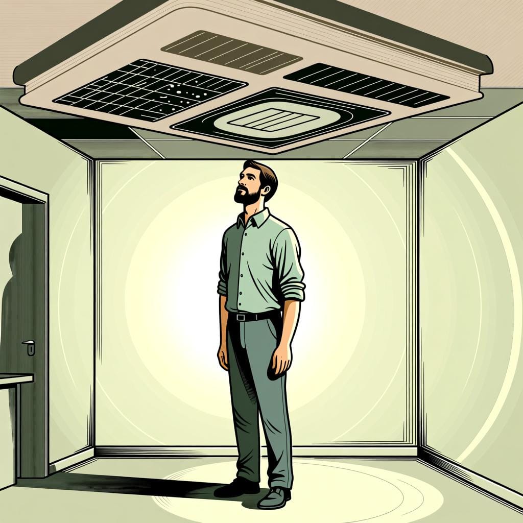 A tall adult person standing in a room with a ceiling that is clearly too low, illustrating the concept of low height or position.