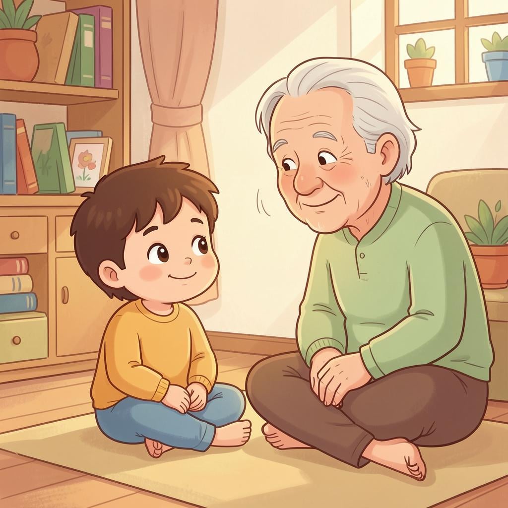 A young child listening intently and politely to an elderly person speaking.
