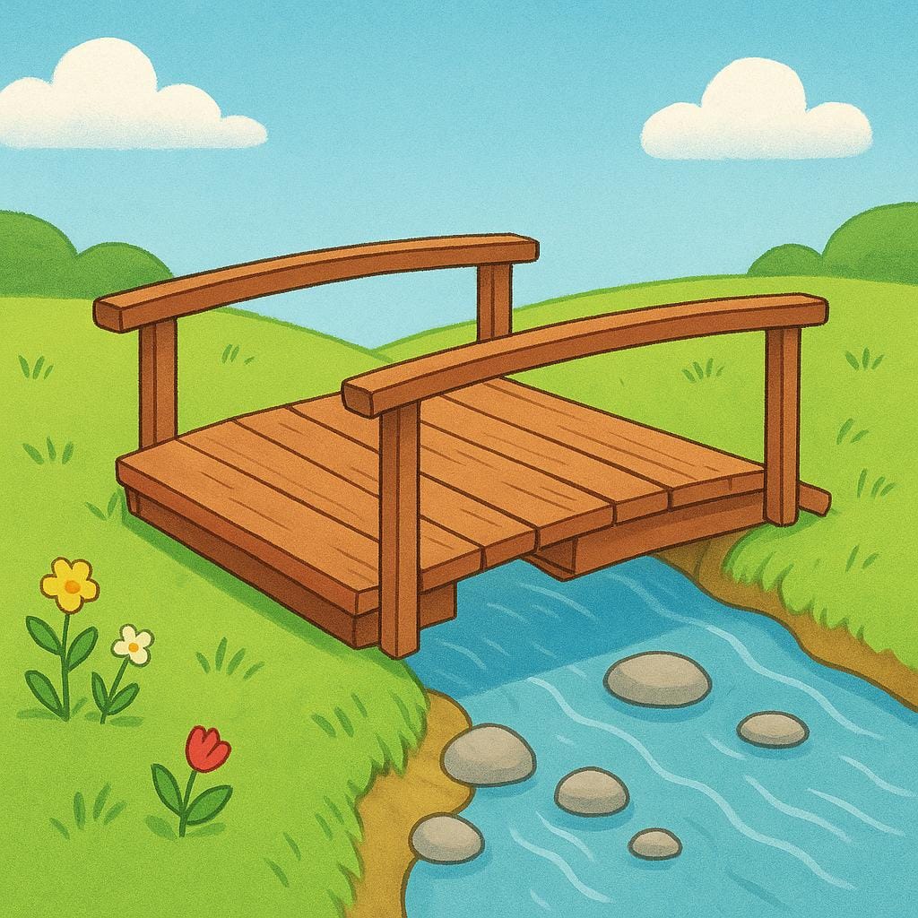 A small, simple wooden bridge crossing a stream has a noticeable, unfinished gap in the middle of the path.
