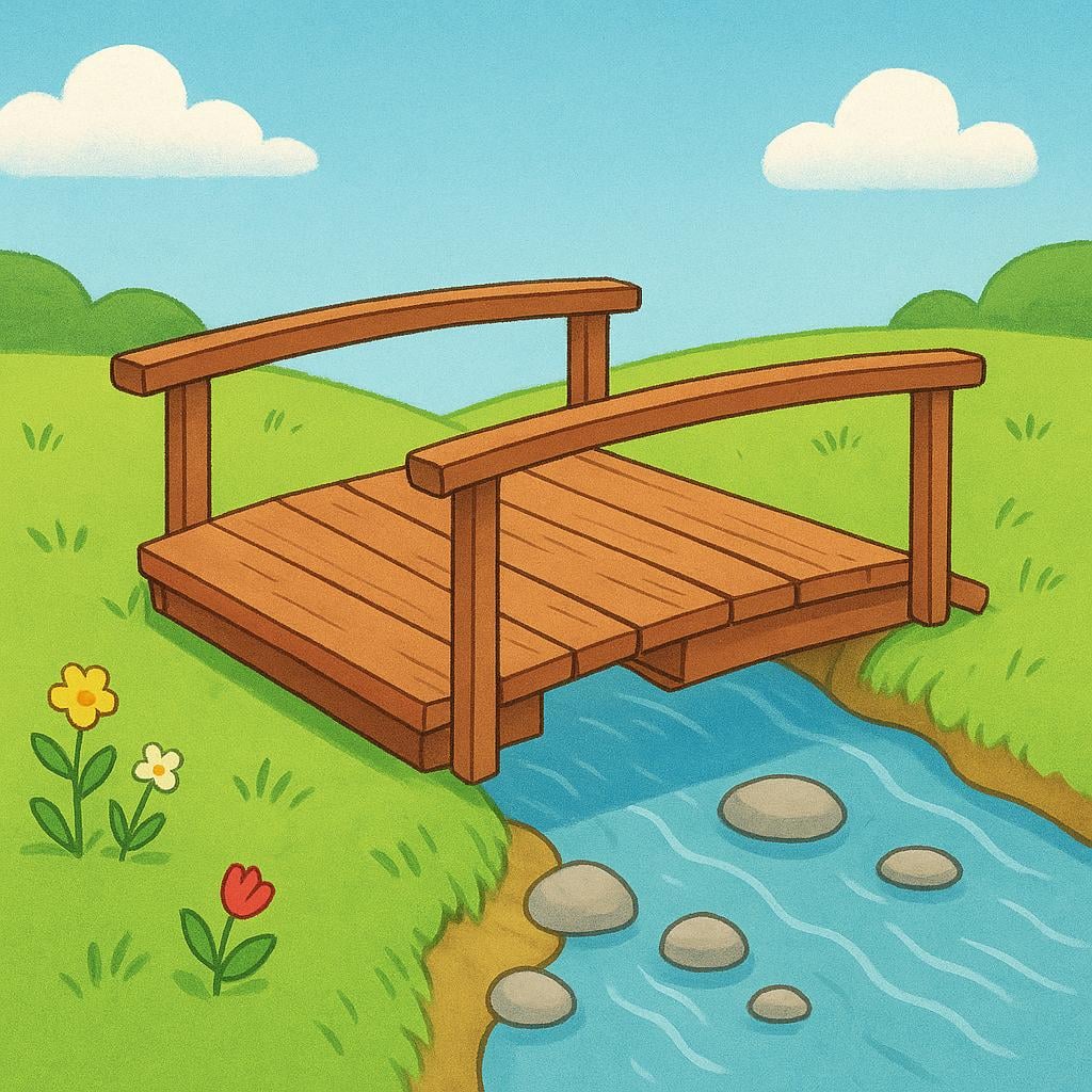 A small, simple wooden bridge crossing a stream has a noticeable, unfinished gap in the middle of the path.