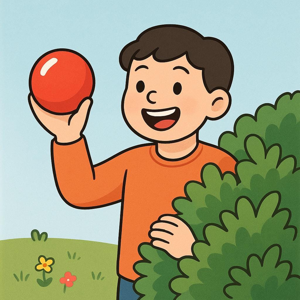 A joyful person holding up a bright red ball they just found hidden behind a green bush, illustrating the act of finding.