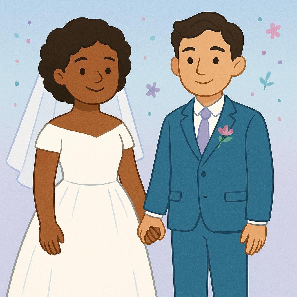 결혼 예복을 입은 두 사람이 손을 잡고 있는 단순한 삽화로, 결혼을 상징합니다.