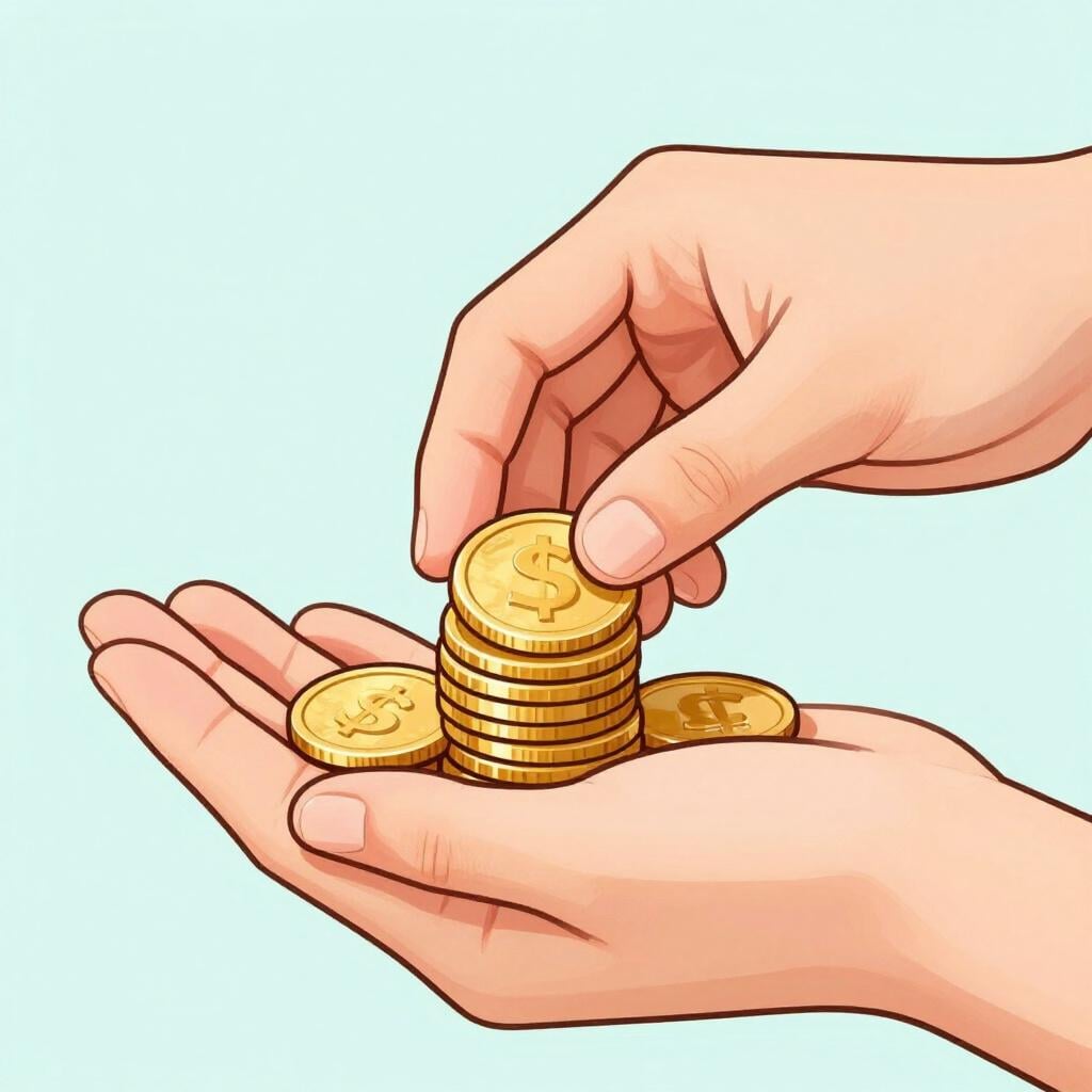 A hand receiving a stack of gold coins from another person.