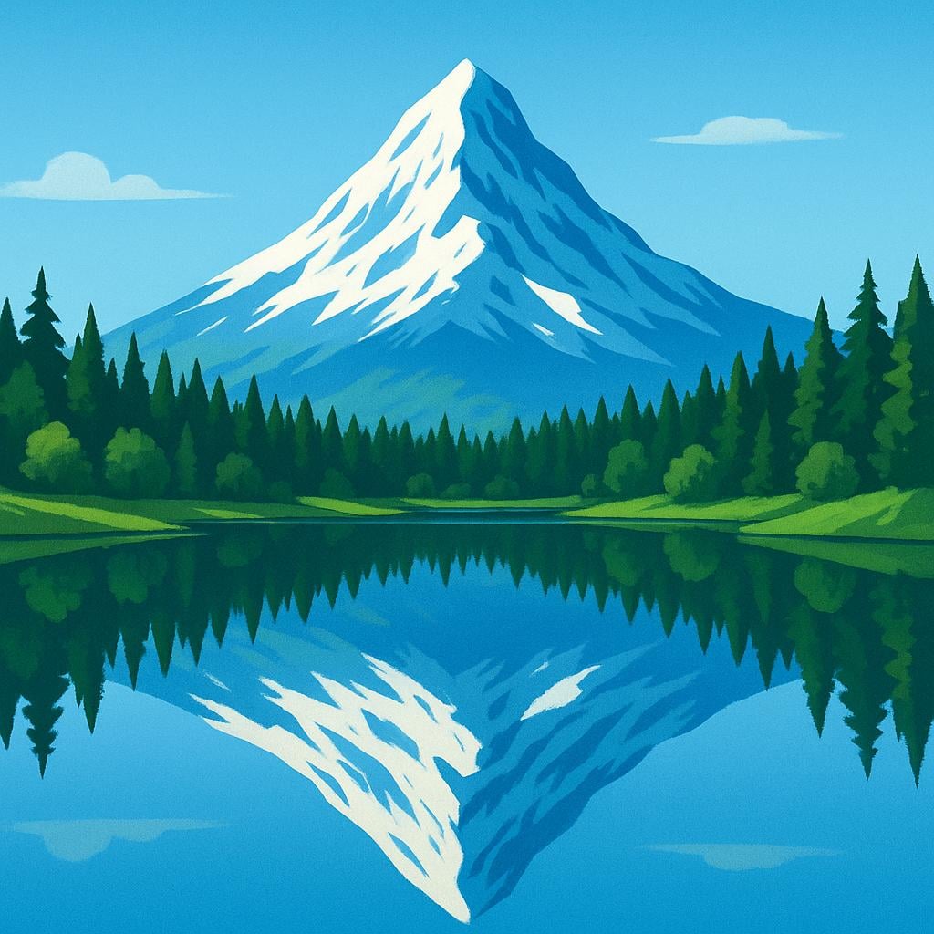 A perfectly still, clear blue lake reflecting a snow-capped mountain peak and dense green forest, representing untouched nature.