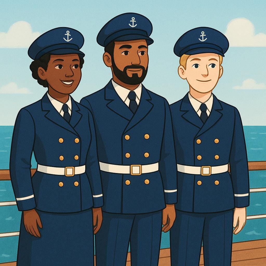 A colorful storybook illustration showing three smiling individuals wearing matching uniforms standing close together on the deck of a large ship, representing a unified crew.