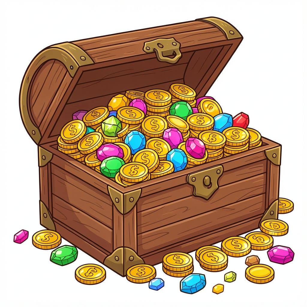A treasure chest overflowing with gold coins and sparkling gems.