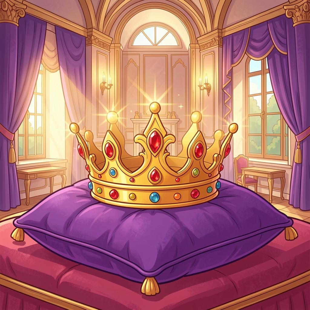 A golden crown resting on a velvet cushion inside a palace room.