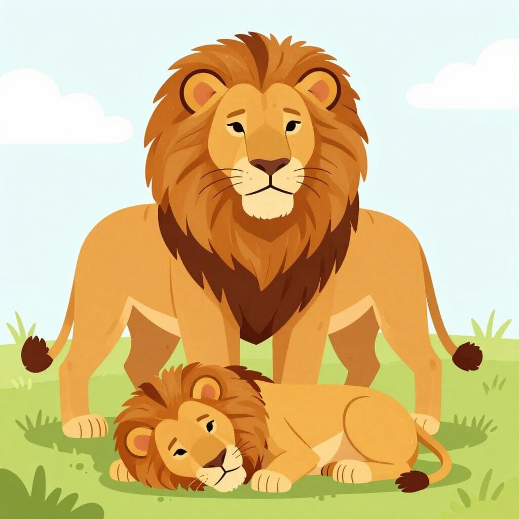 A large, strong lion standing tall while a smaller, tired competitor bows its head in defeat.