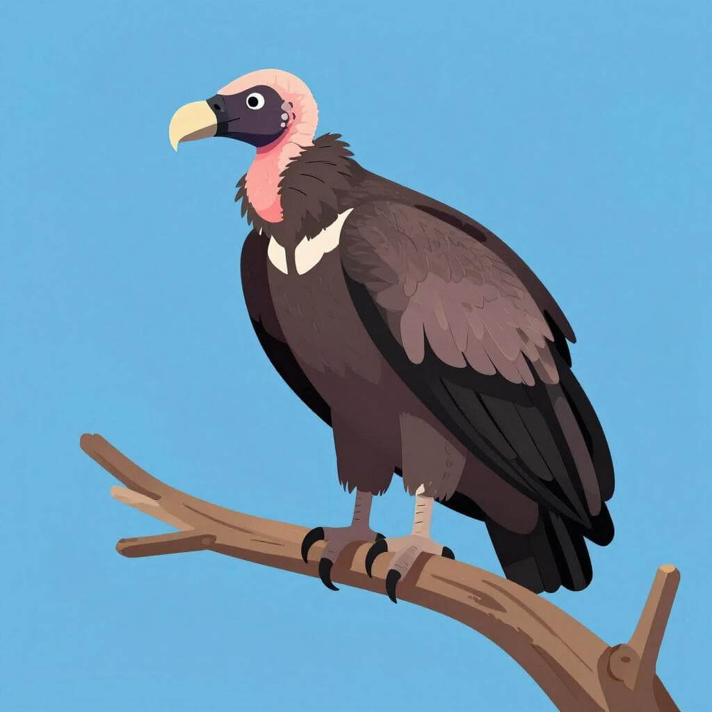 Un grand vautour aux plumes sombres et à la tête chauve perché sur une branche d'arbre sèche.