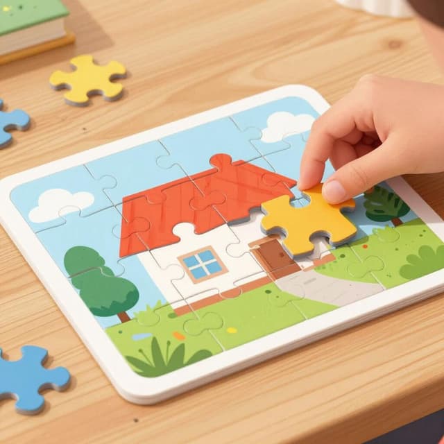 A child putting the final piece into a colorful jigsaw puzzle to complete the picture.