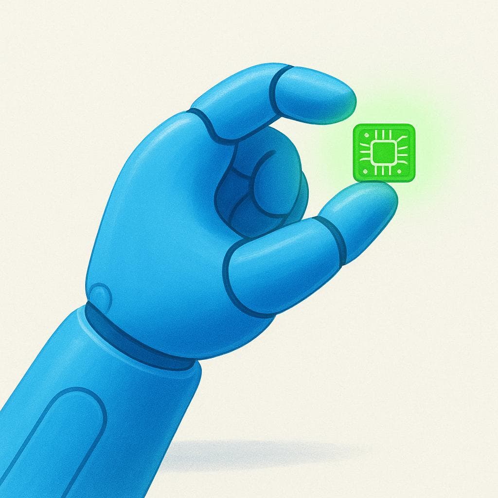 A simple, friendly, bright blue robotic arm gently holding a glowing green microchip, symbolizing applied science and technology.
