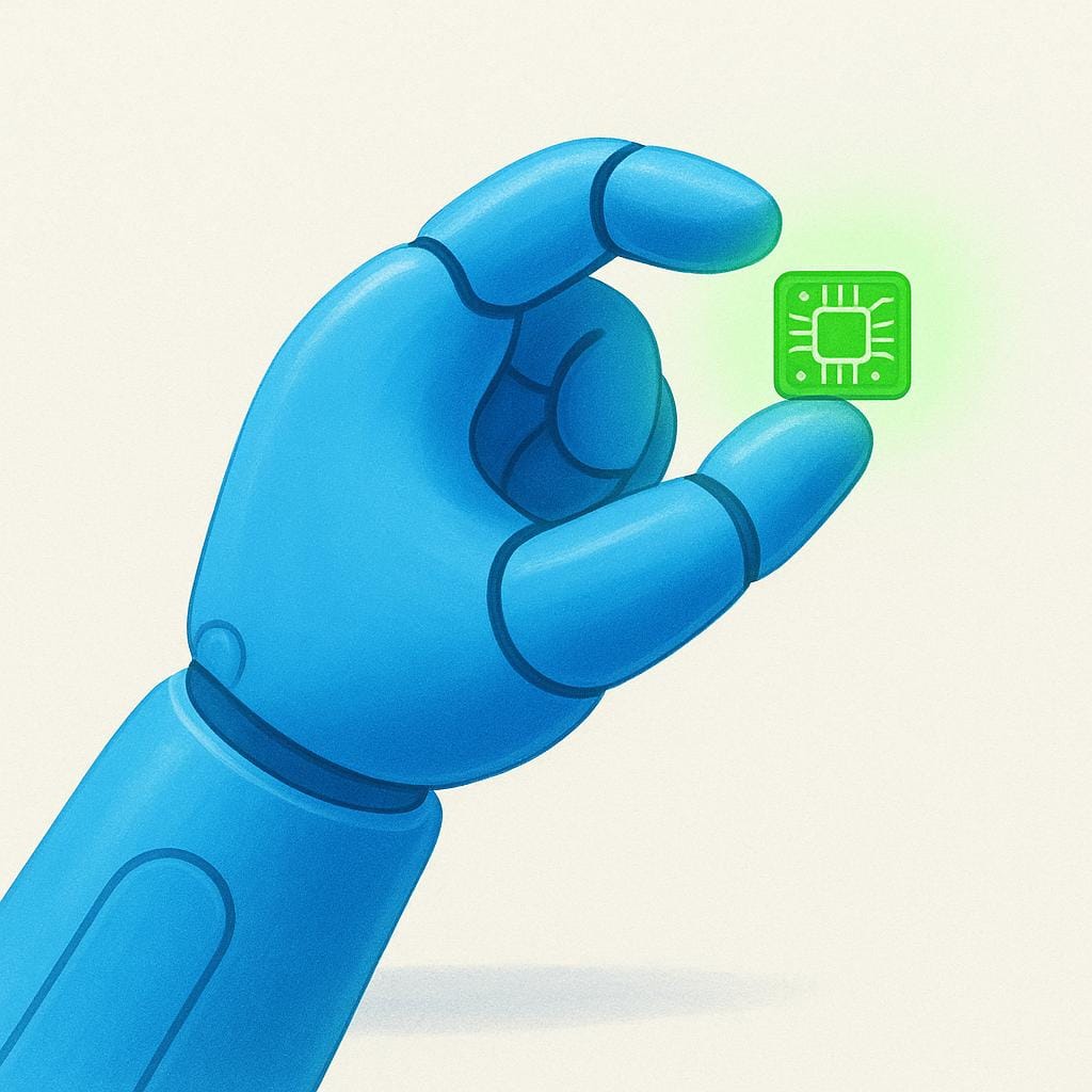 A simple, friendly, bright blue robotic arm gently holding a glowing green microchip, symbolizing applied science and technology.