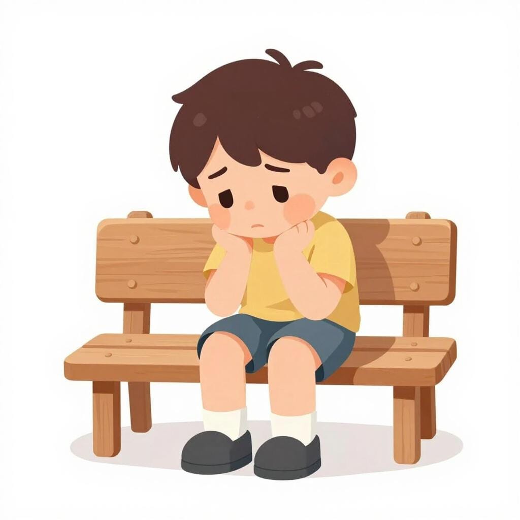 Un enfant triste assis seul sur un banc en bois, l'air abattu, se sentant blessé.