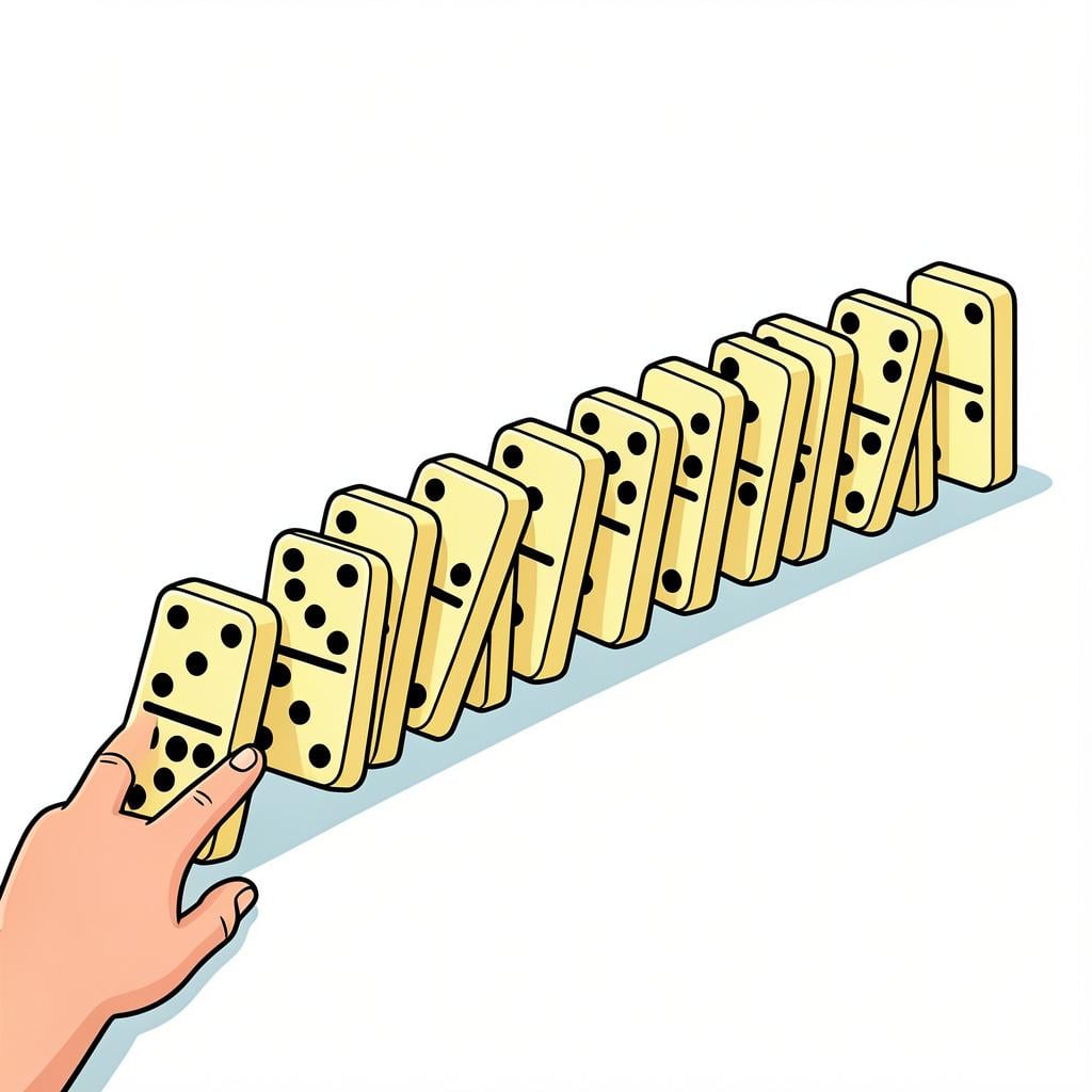 A row of colorful dominoes falling one after another after the first one is pushed.
