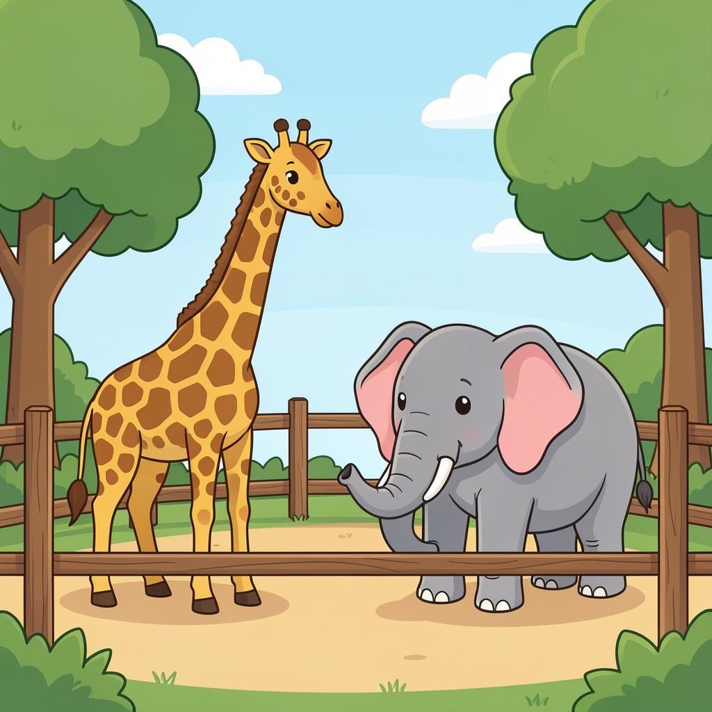 A friendly giraffe and an elephant standing behind a low wooden fence in a sunny park with trees.