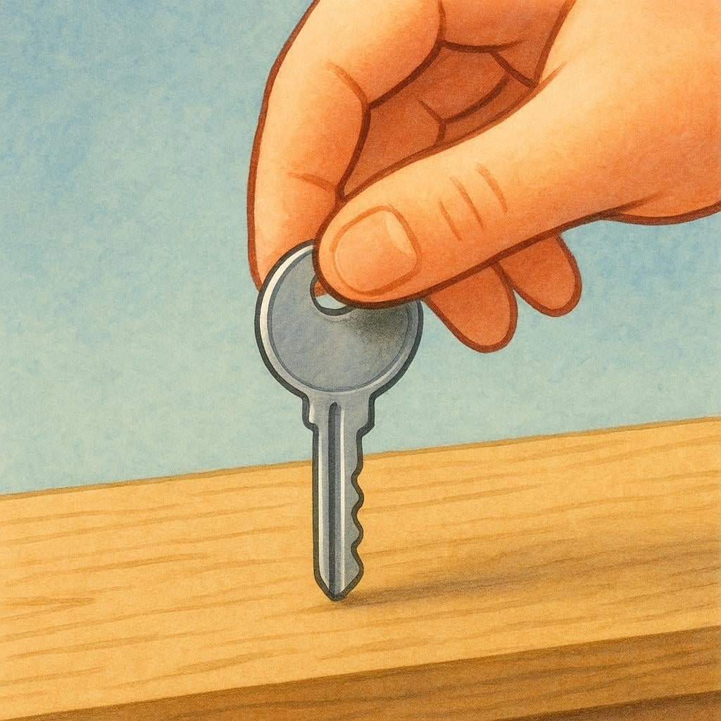 A hand gently placing a single silver house key onto the surface of a rustic wooden table.