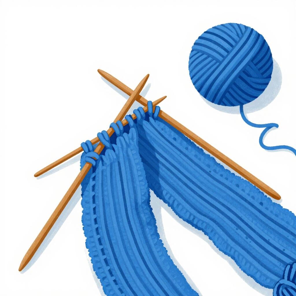 A partially knitted scarf with two knitting needles resting on top of a ball of yarn, ready to be picked up again.