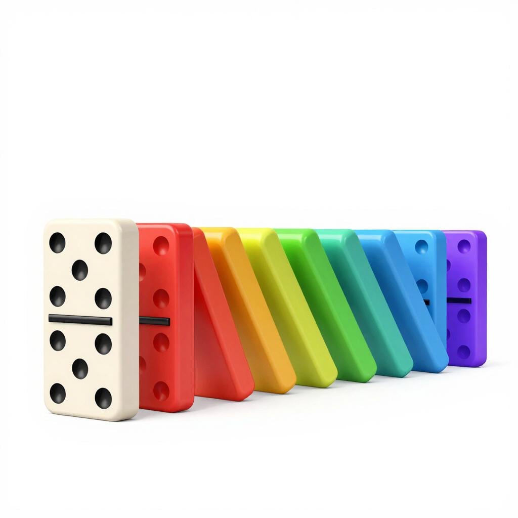 Ein einzelner umfallender Dominostein, der eine lange Reihe anderer Dominosteine zum Fallen bringt.