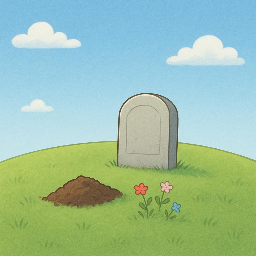 Uma lápide solitária ergue-se sobre um pequeno monte de grama verde sob um céu claro, representando um túmulo.