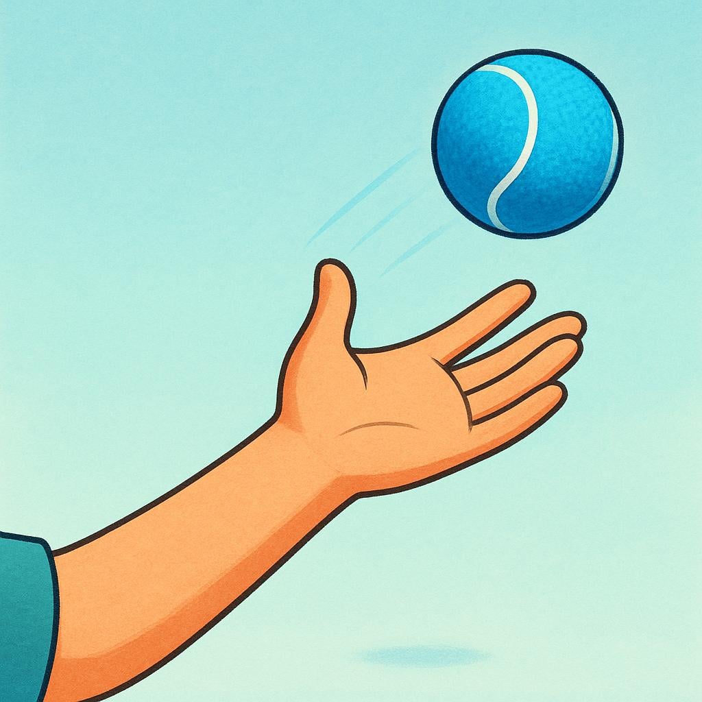 A person's hand and arm are depicted in mid-motion, forcefully throwing a bright red ball through the air.