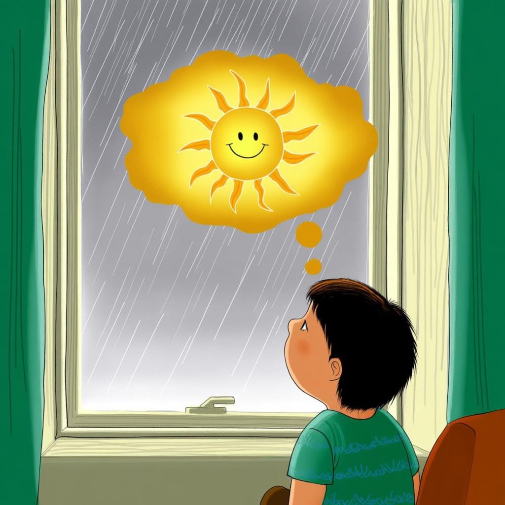 小さな子供が屋内の窓際に座り、灰色の雨空を眺めている。子供の頭上には、笑顔の太陽が浮かぶ明るい金色の思考の泡が漂っている。