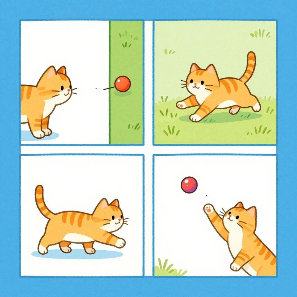 Eine Reihe von drei bunten Tafeln, die eine kleine Katze zeigen, die einem roten Ball hinterherjagt.
