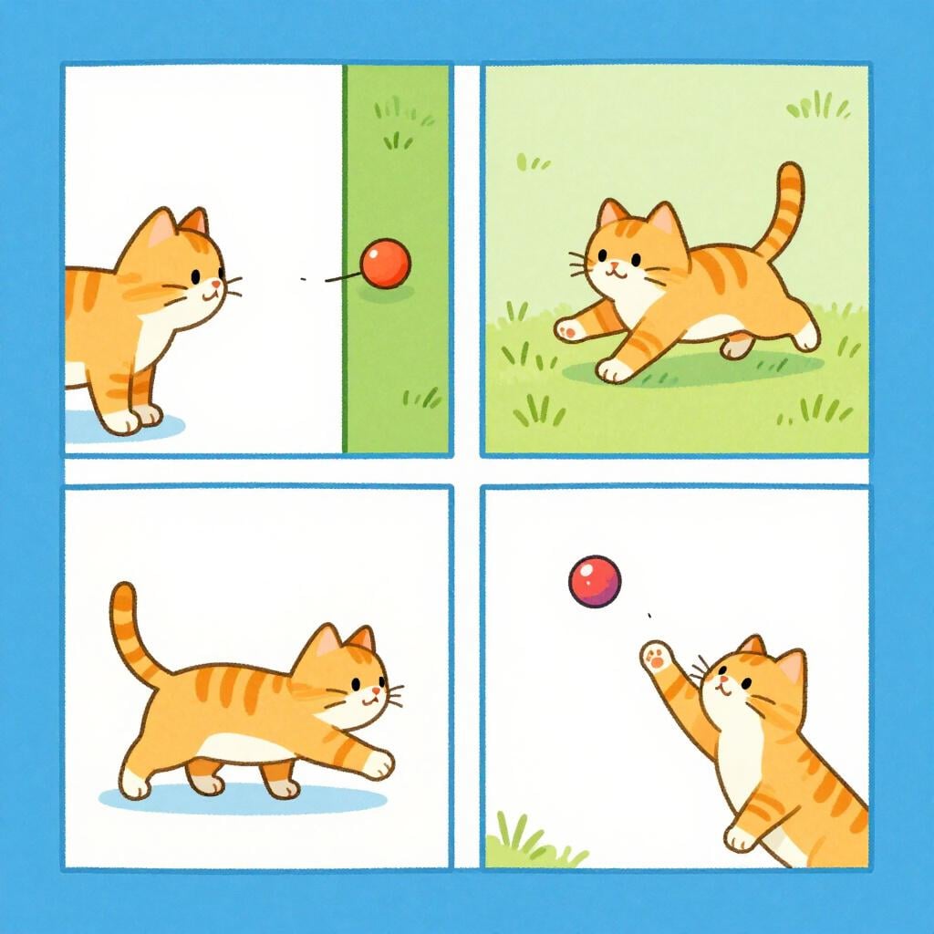 Eine Reihe von drei bunten Tafeln, die eine kleine Katze zeigen, die einem roten Ball hinterherjagt.
