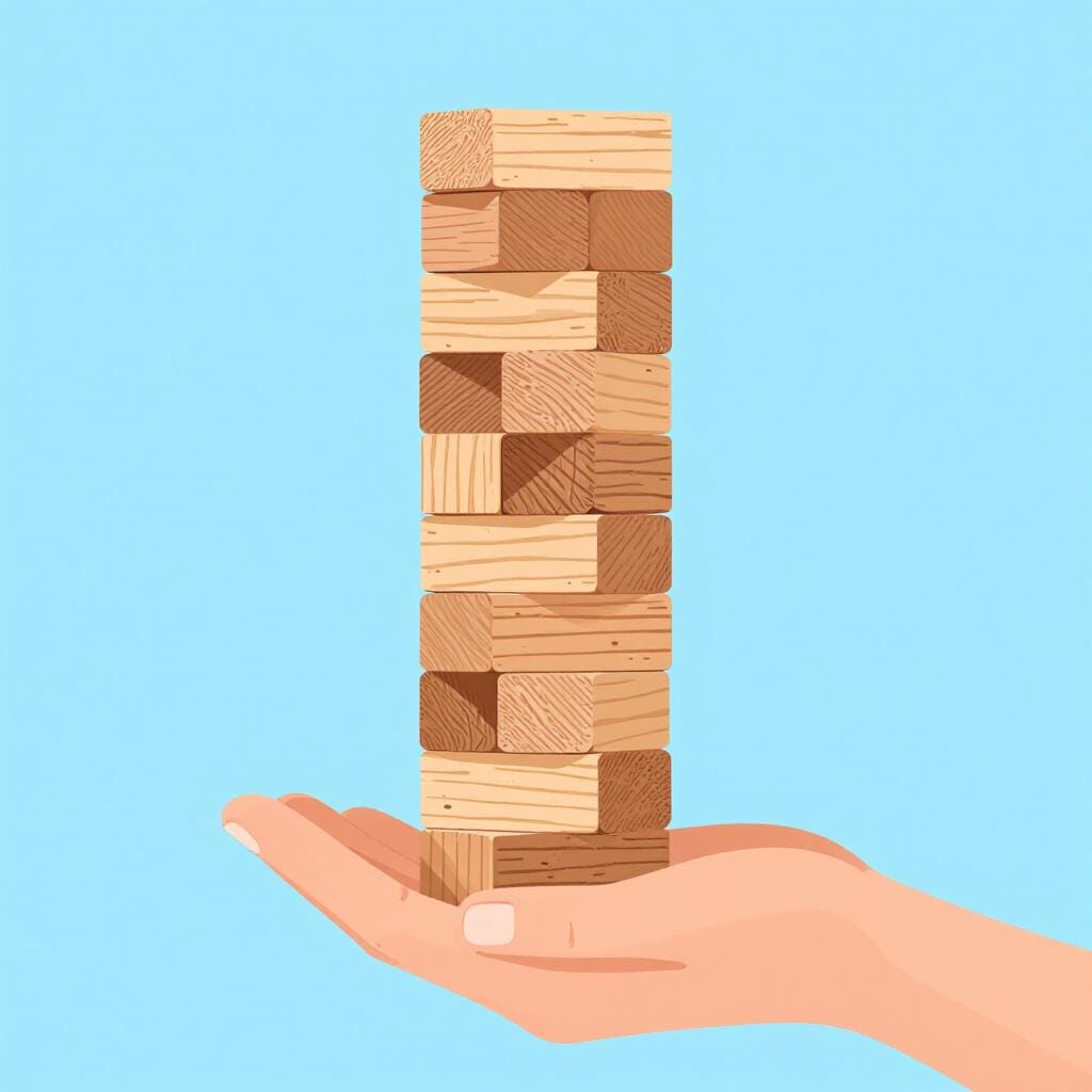 A person carefully balancing a tall stack of colorful wooden blocks to keep them from falling.