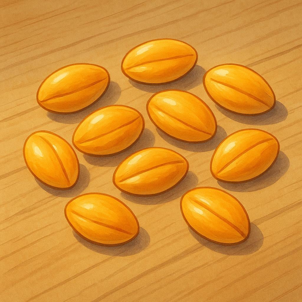 A small pile of shiny, golden wheat grains resting on a light brown surface.