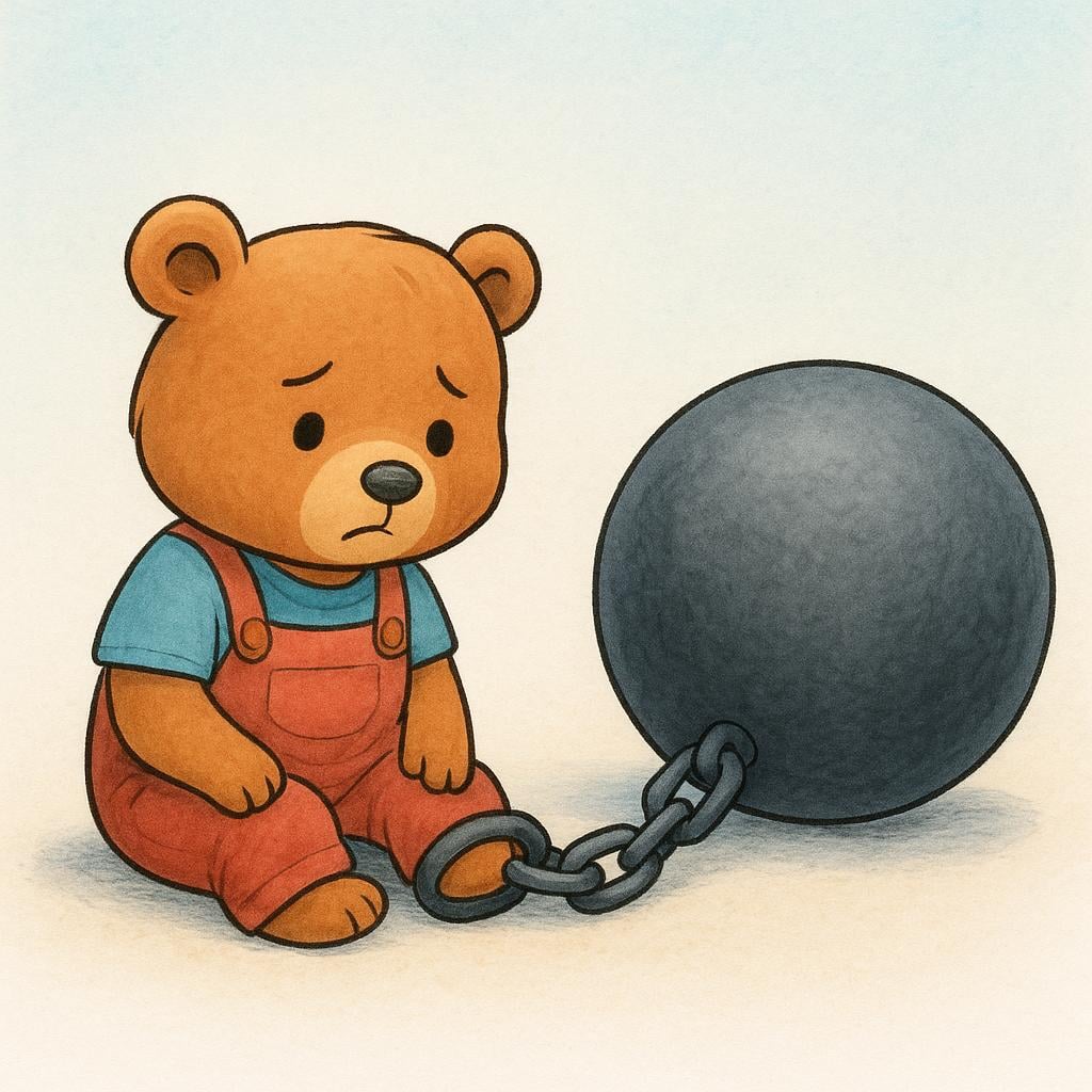 A small cartoon bear is chained to a massive, heavy iron ball, symbolizing the burden of debt.