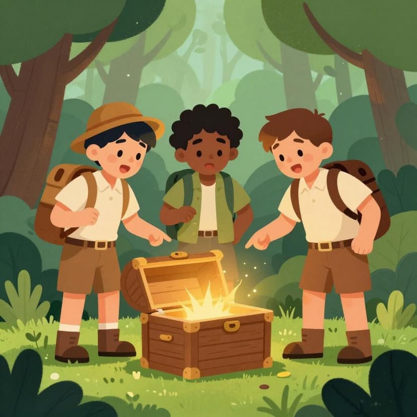 Un gruppo di esploratori felici in una foresta che indica uno scrigno del tesoro antico e luminoso che hanno appena scoperto.