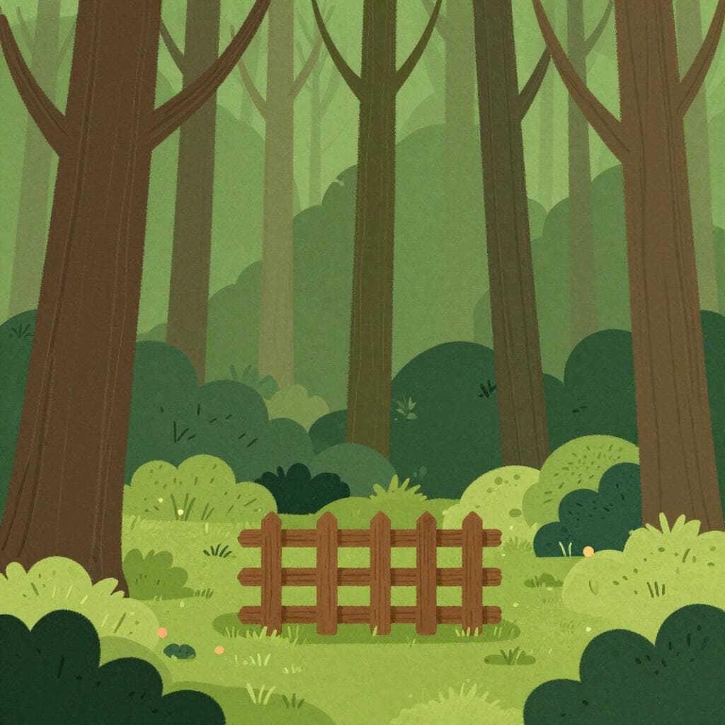 Une forêt verte et luxuriante protégée par une solide clôture en bois sous un ciel bleu clair.