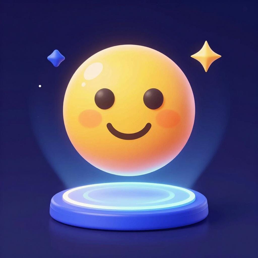 A friendly 3D cartoon character head floating above a circular base.