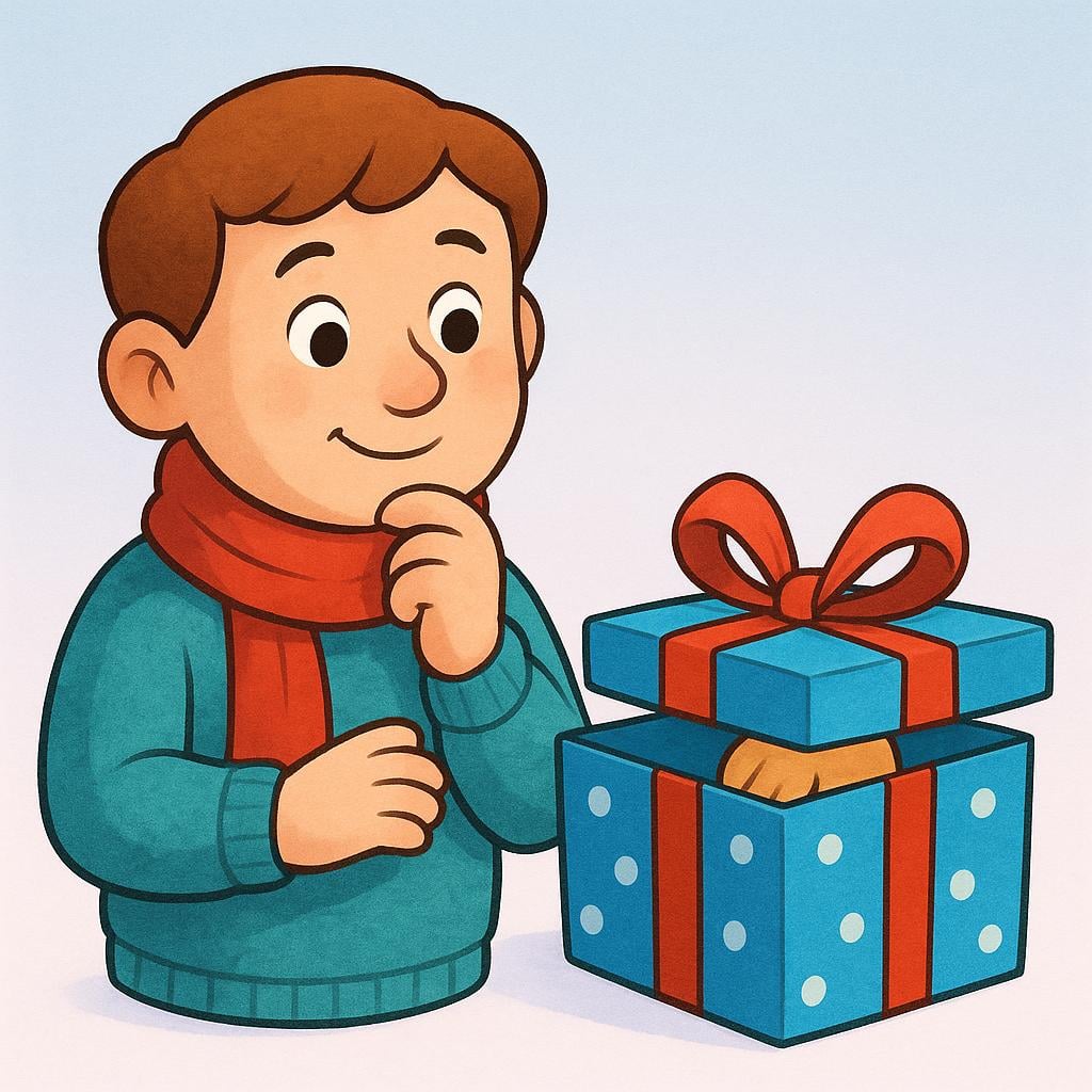 A character looks thoughtfully at a partially unwrapped gift box, making an assumption about its contents.